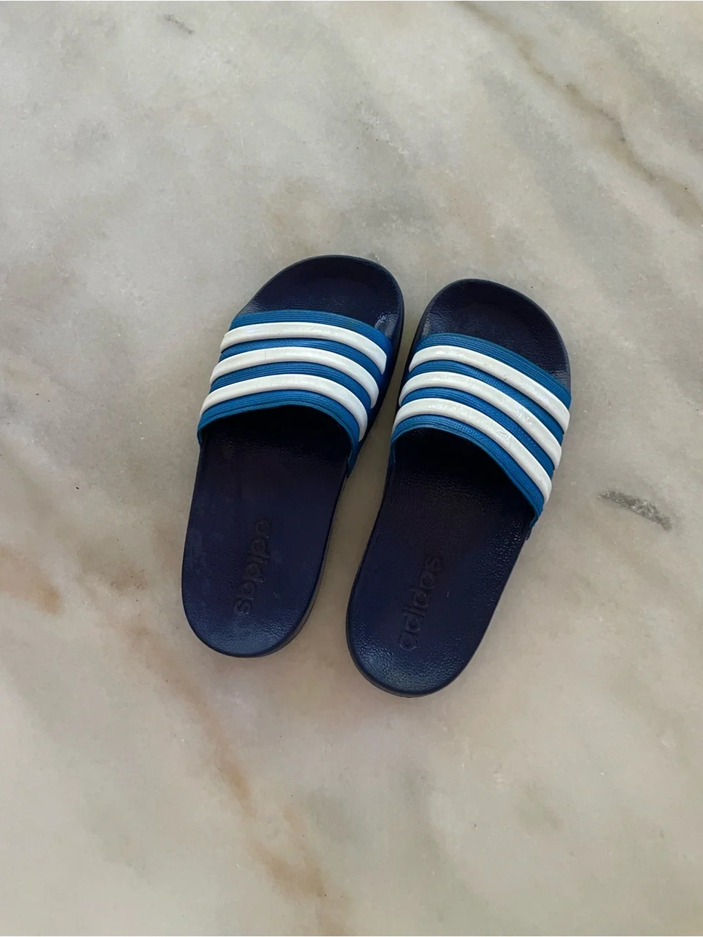 adidas Navy Slides with White Stripes